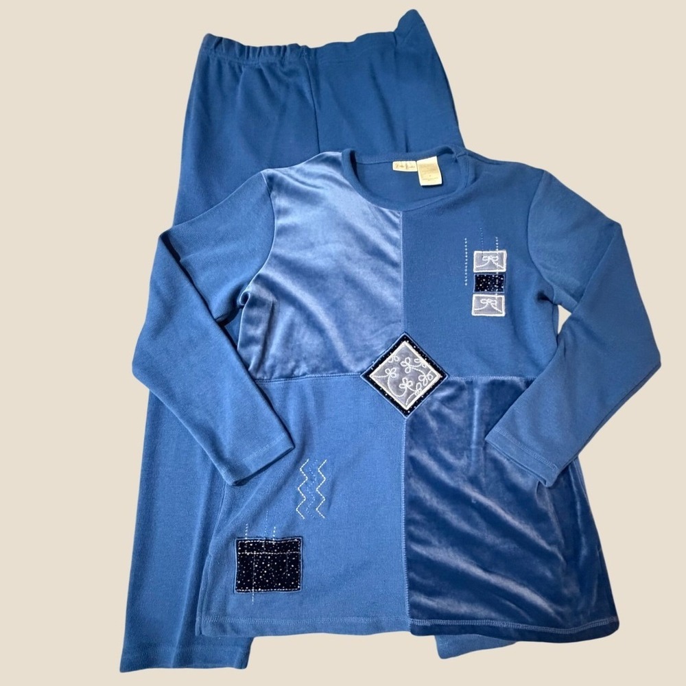 Bobbie Brooks Womens Blue Velvet Patchwork Tunic and Pants Lounge Set Size L